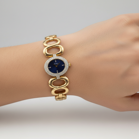 Gold-tone chain watch with a blue dial 