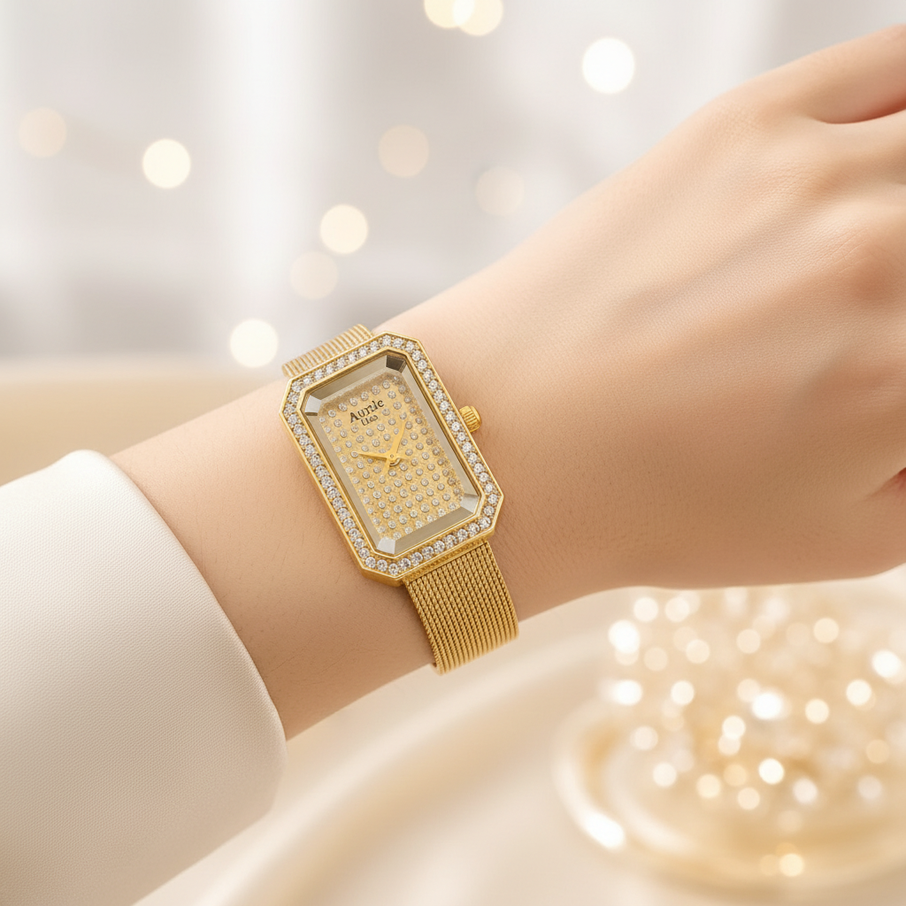 Gold-tone rectangular analog watch with a mesh band and crystal embellishments