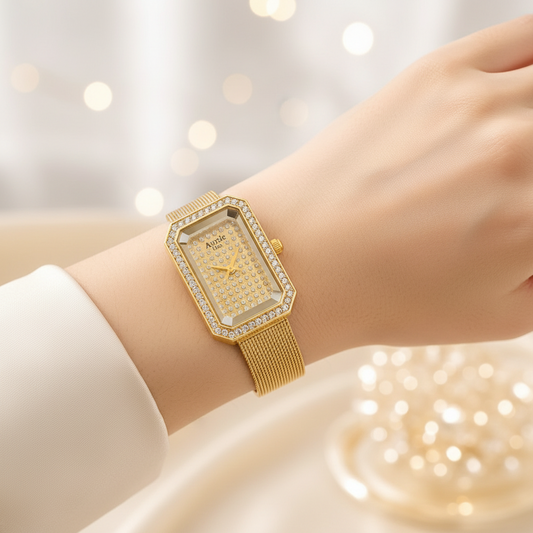 Gold-tone rectangular analog watch with a mesh band and crystal embellishments