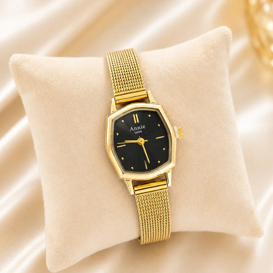 Gold-toned annie london black dial mesh strap watch