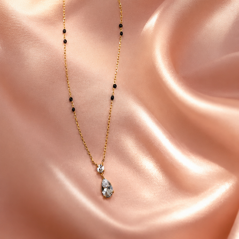 Elegant Black Bead Crystal Drop Necklace