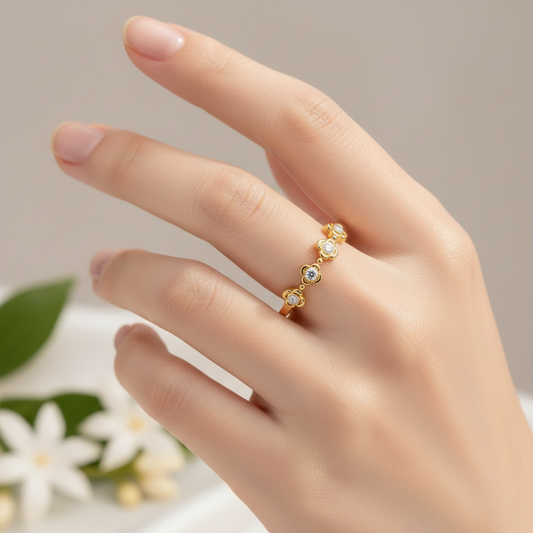 304L 18K GOLD PLATED Sparkling Floral Open Band Ring