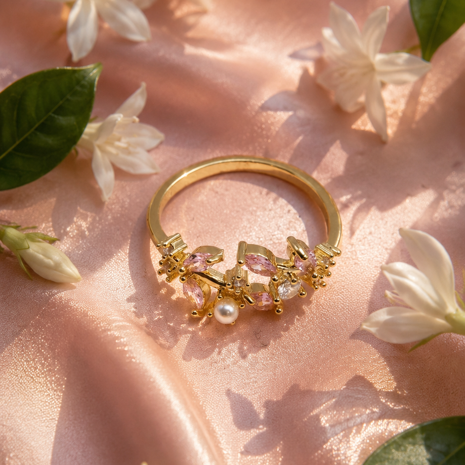 Premium Gold Pearl Crystal Ring