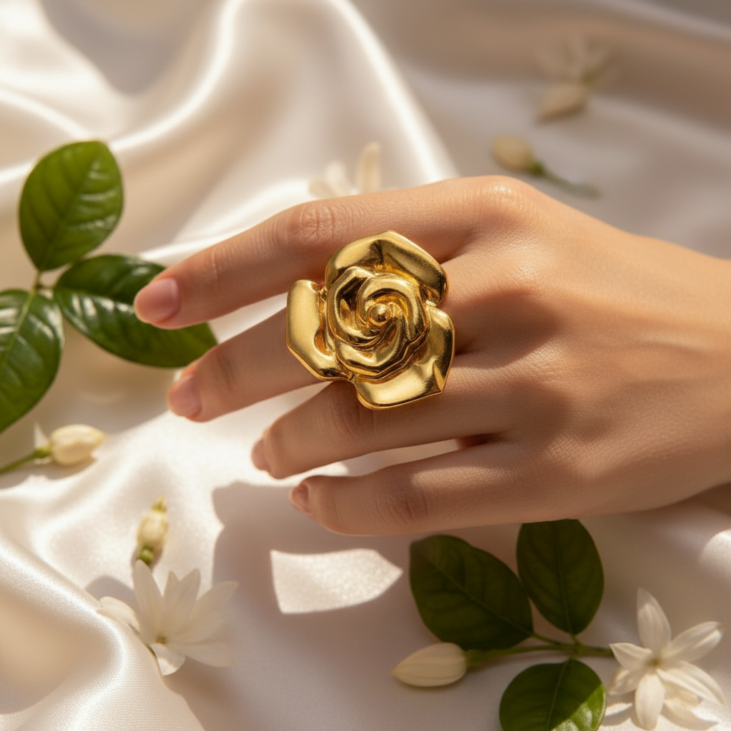 304L 18K GOLD PLATED Elegant Gold Rose Adjustable Ring