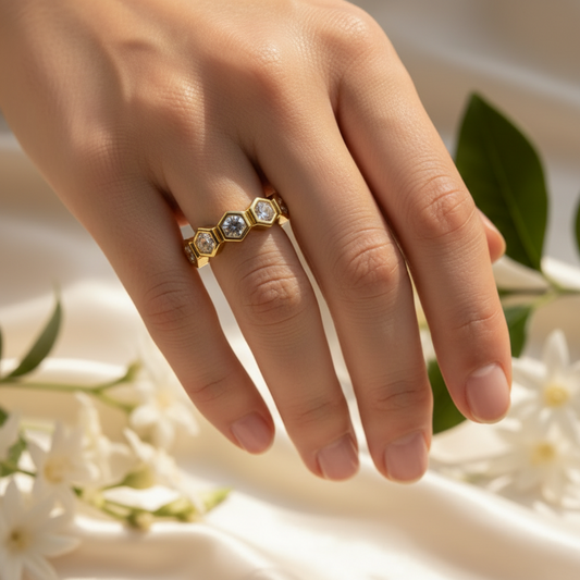 316L 18K Classic Gold Link Crystal Ring
