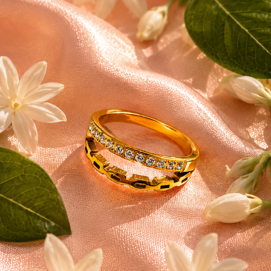 Elegant Dual Band Crystal Gold Ring