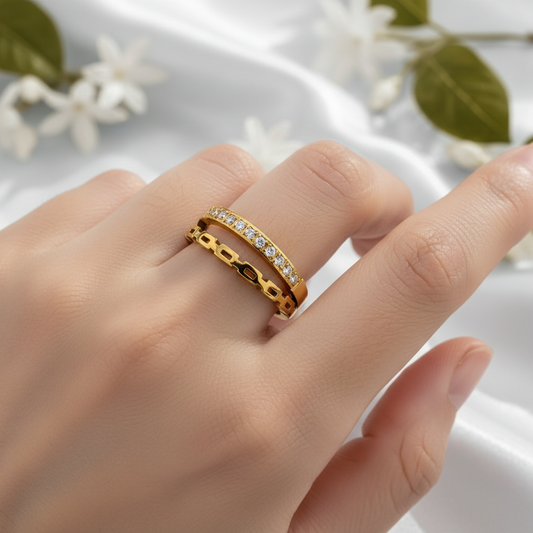 304L 18k gold platedcElegant Dual Band Crystal Gold Ring