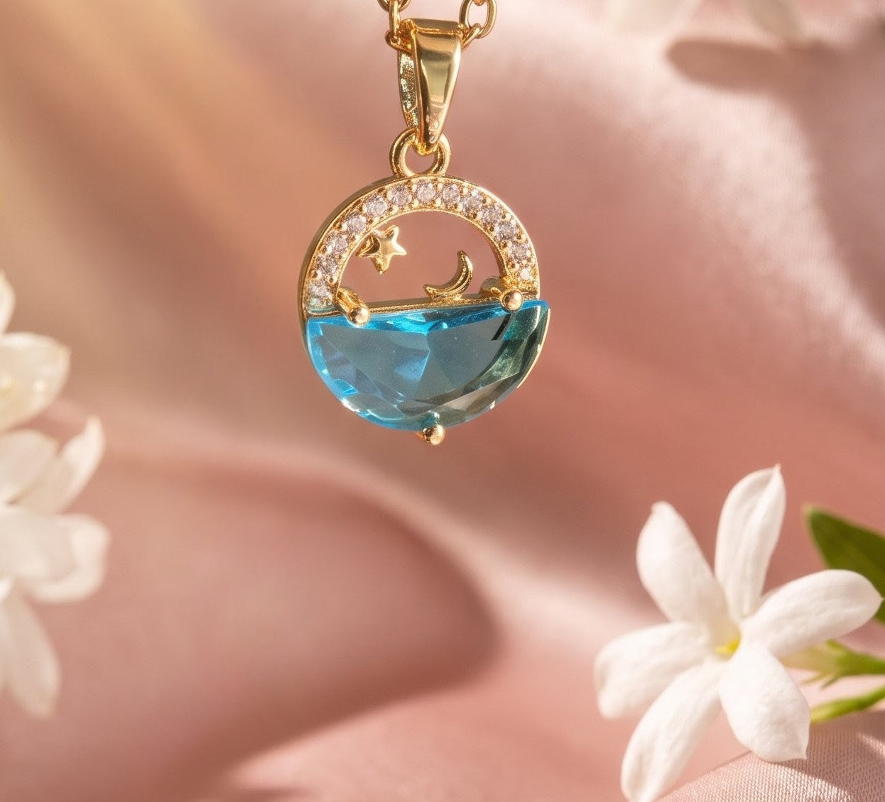 Aqua water stones pendant with start and moon