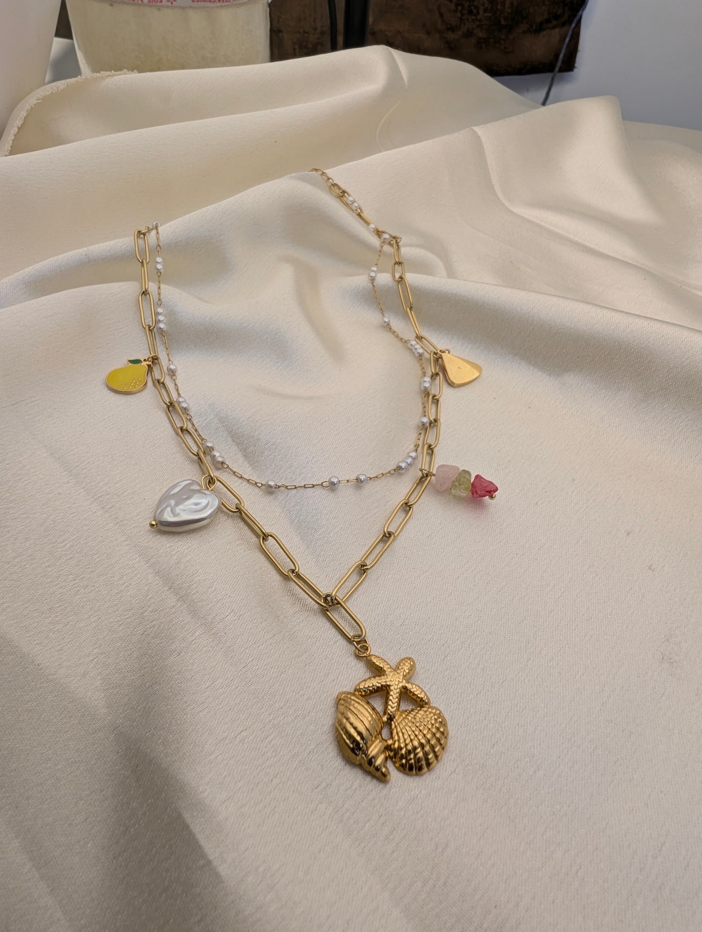 Layered ocean pendant pearl charms chain