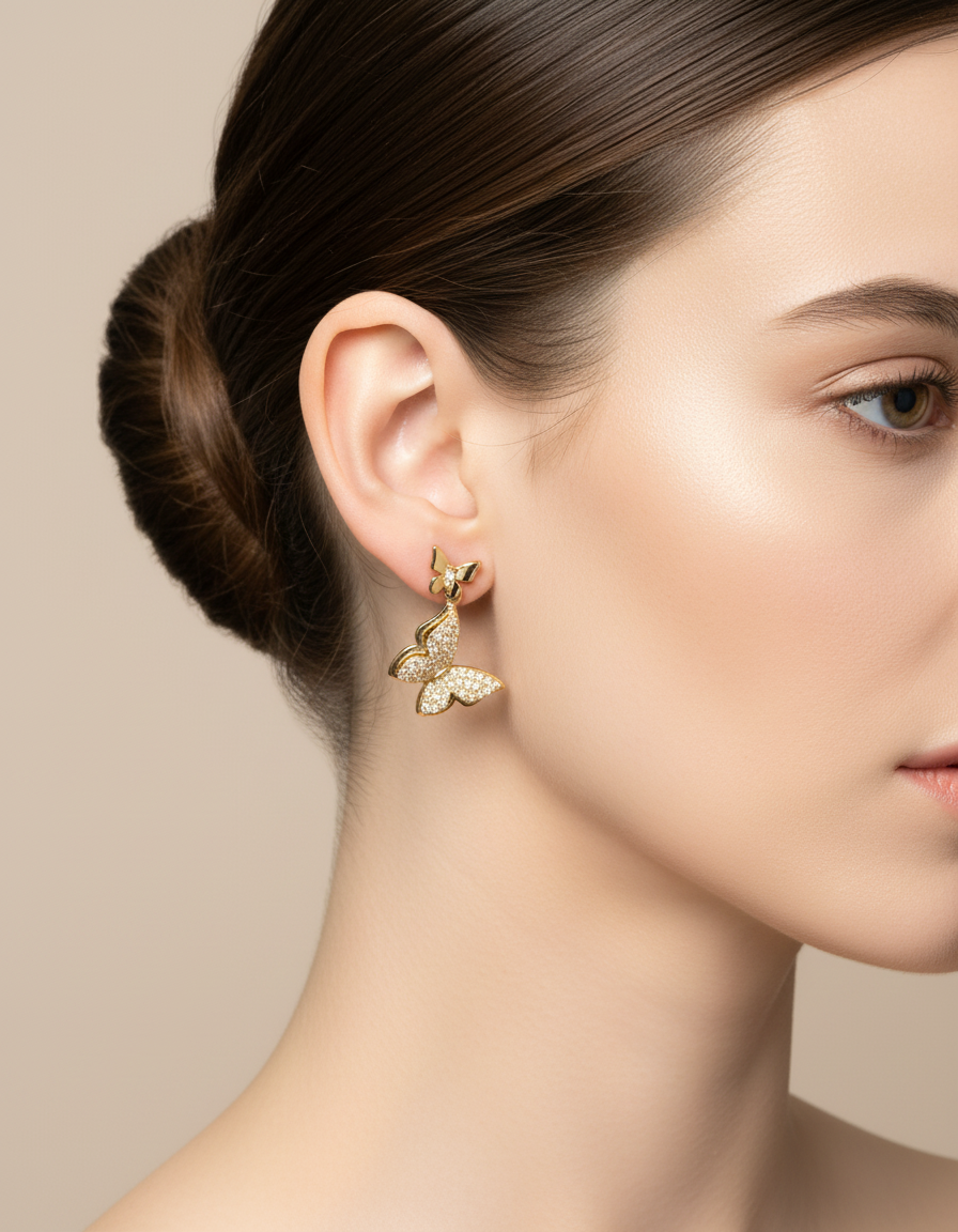 Gold-Plated Crystal Butterfly Drop Earrings – Elegant & Sparkling