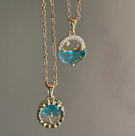 Aqua water stones pendant with start and moon