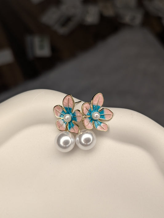 Pastel Flower Pearl Drop Earrings