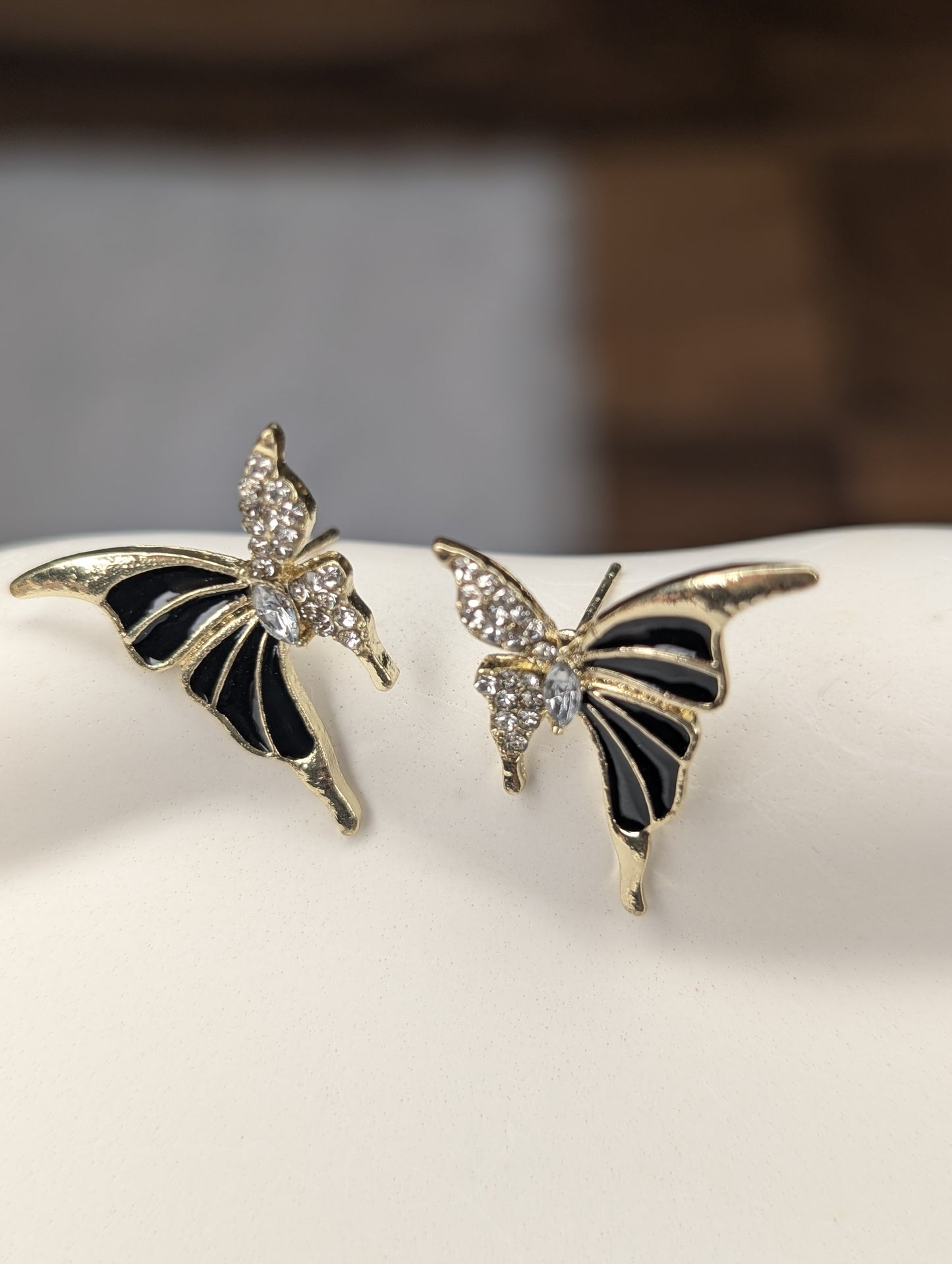 Crystal Butterfly Stud Earrings – Gold & Black Finish