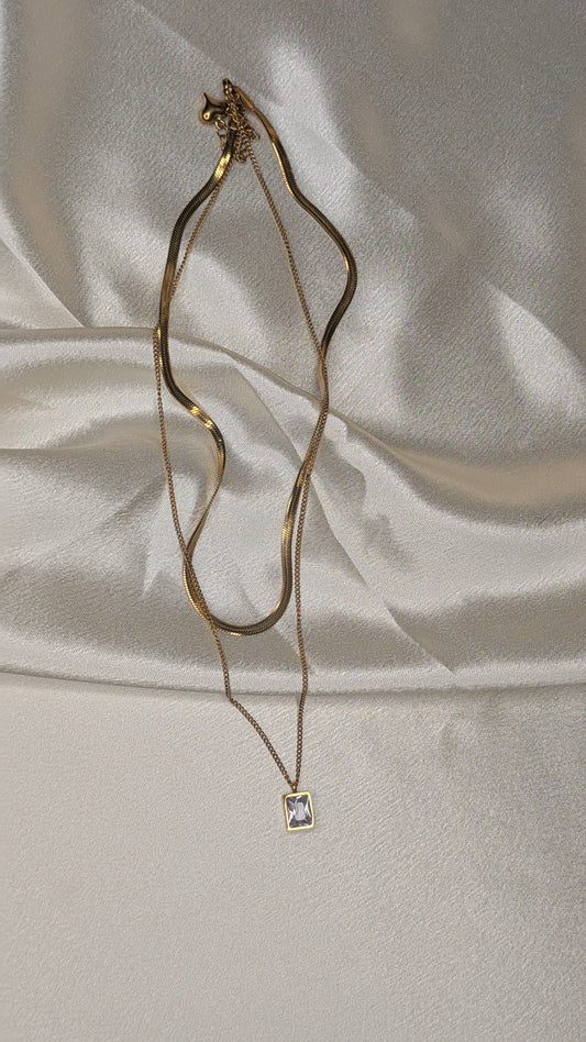 Layered Square Stone Necklace – 18K Gold Plated Anti-Tarnish Daily Wear Chain