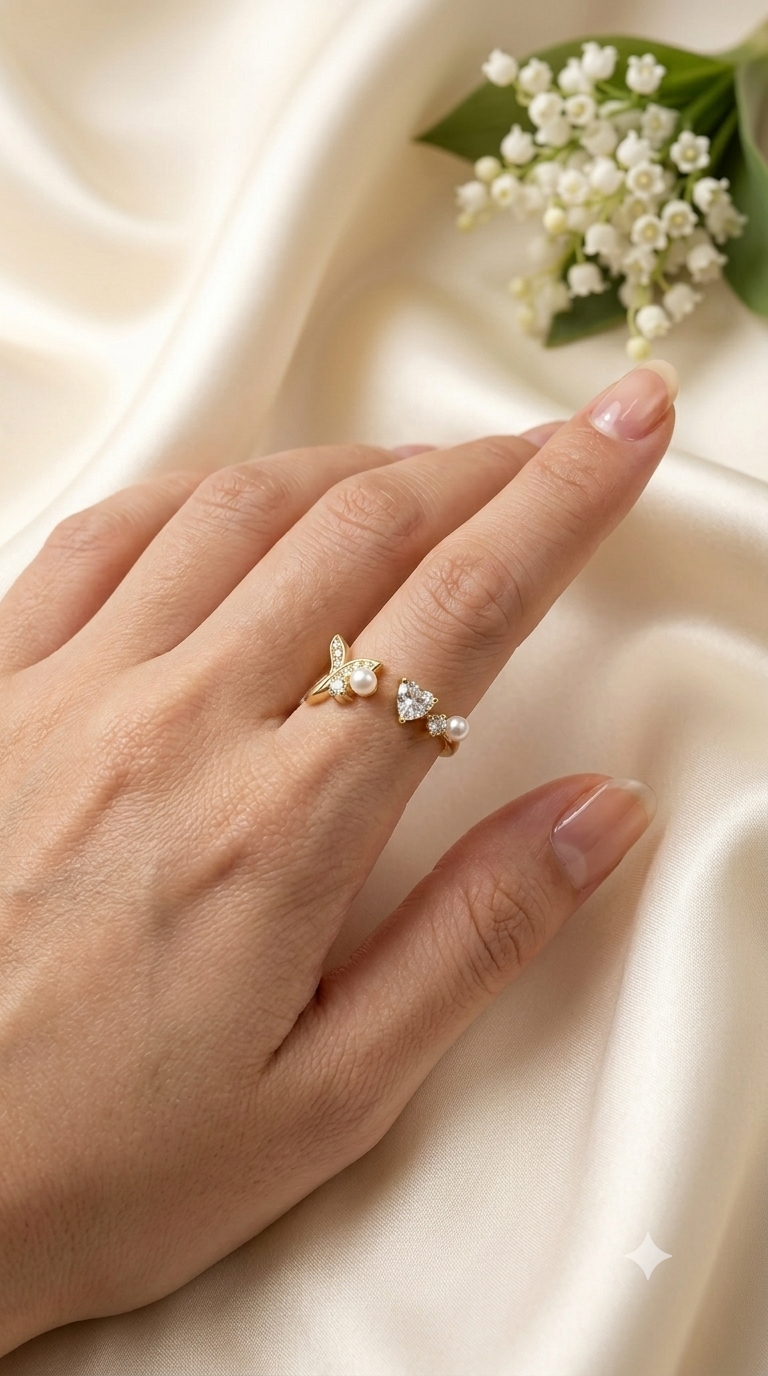 316L 18K Gold plated Elegant Pearl and heart crystal Adjustable Ring